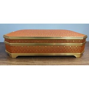 Vintage Kimono Orange Gold Musical Jewelry Box Red Velvet Lining Mirror A7